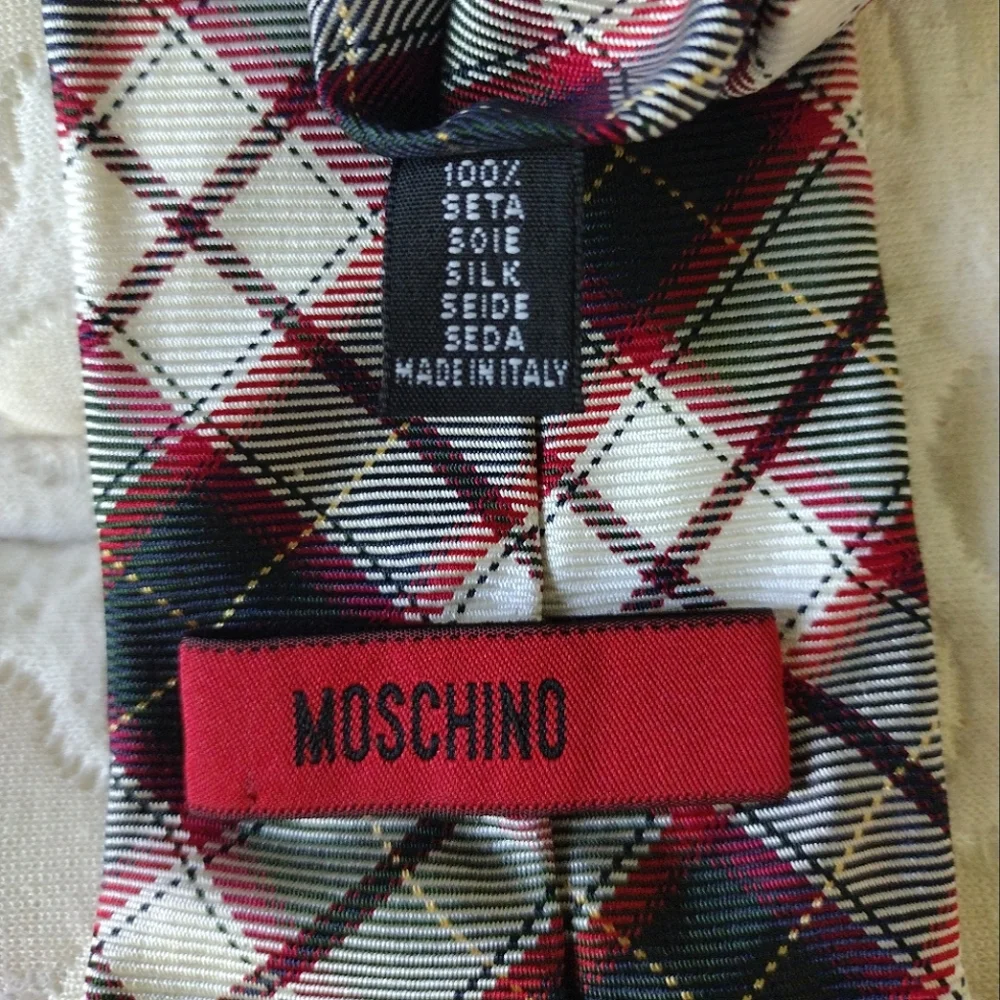 Silk Moschino Green, White, Black, and Red Plaid Men's Tie EUC